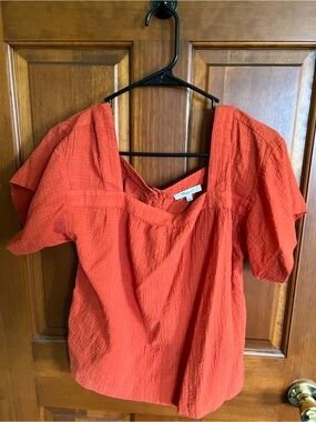 Madewell Textured Puff-Sleeve Square-Neck Top in Coral
